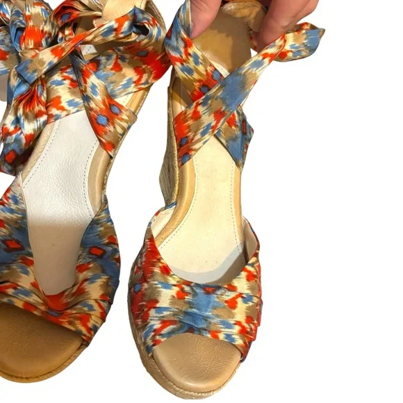 UGG Australia wedges Luciana espadrille orange blue silk ankle wrap heels size 8 - Picture 6 of 12